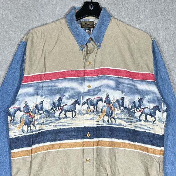 VTG Roper Western Border Rodeo Print Shirt Men’s Large Cowboy Rodeo Ranch Horses - Picture 2 of 14